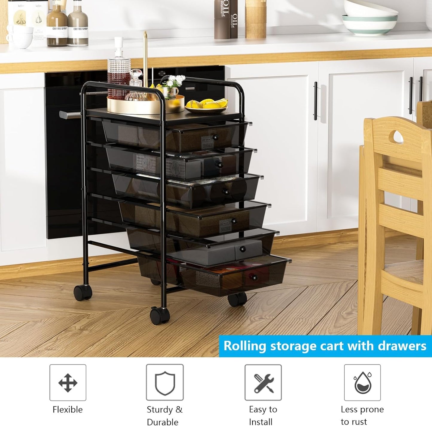 4-Tier Utility Cart with 4 Drawers, Rolling Utility Cart with 2 Lockable Caster Wheels, Multipurpose Mobile Rolling Drawer Cart for Office Bathroom Kitchen, Ivory White