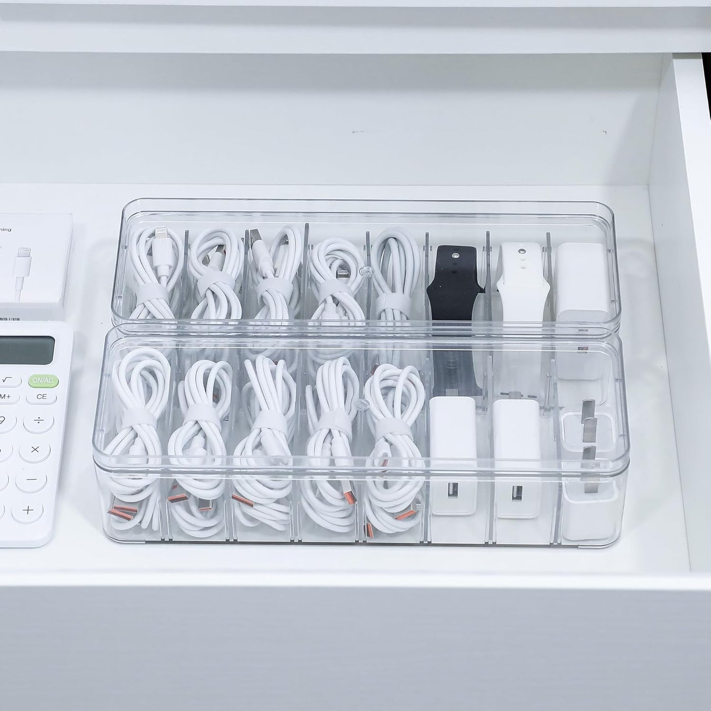 Cord Storage Organizer for Desk Drawer, Plastic Adjustable Cable Organizer Box with Lid and Wire Ties, Clear Phone Charger Case for Home Office