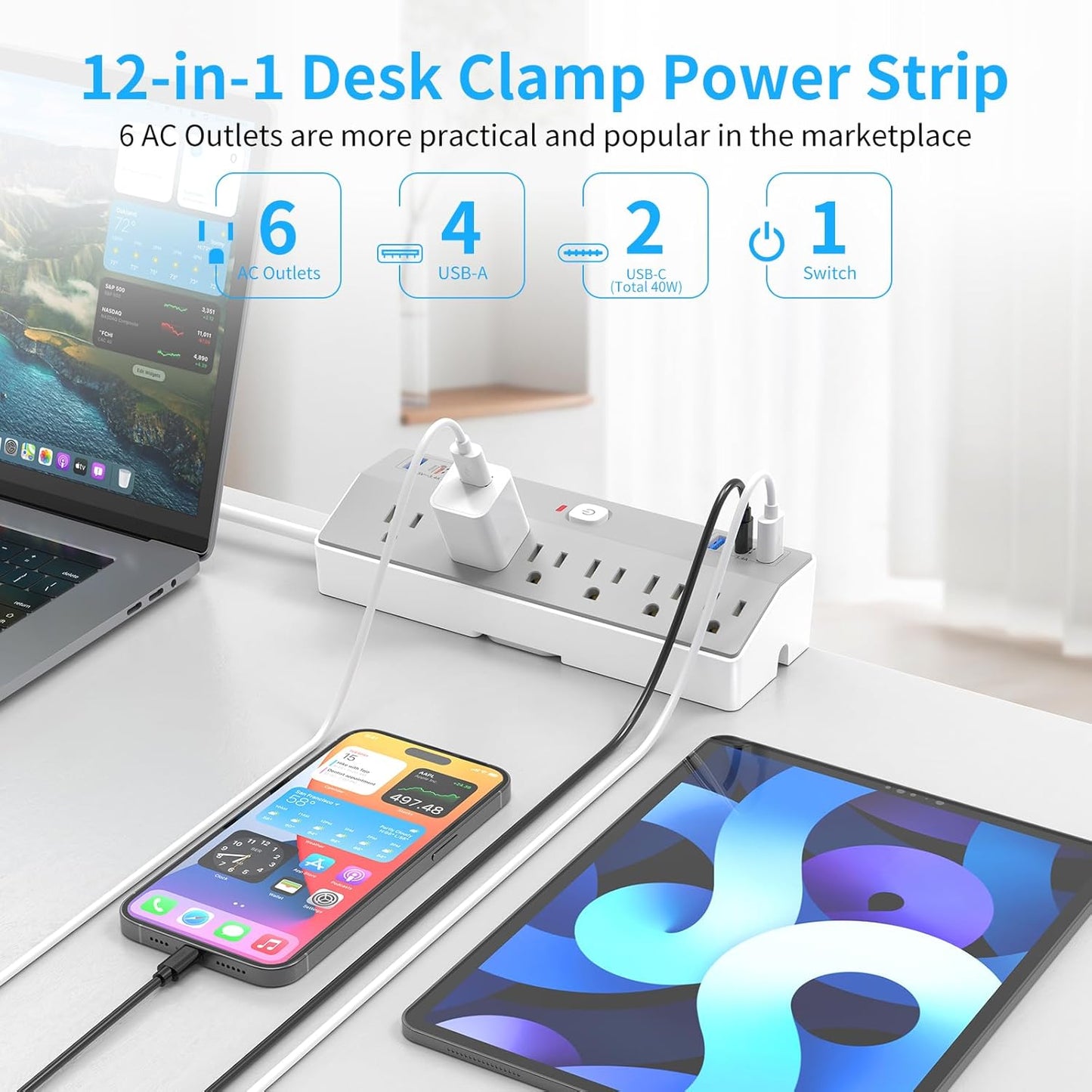 Desk Clamp Power Strip with 40W Fast Charging Station, JXGUCAT 10FT Flat Plug Desk Mount Power Strip Surge Protector, Removable Extension Cord with 2 USB-C Ports 6 Outlets, Fits 1.8" Tabletop Edge