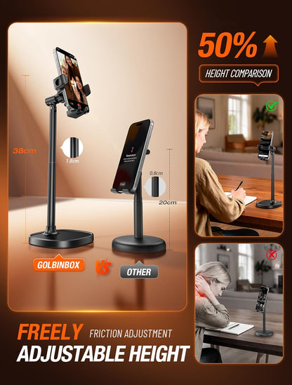GolbinBox Phone Stand for Desk - Quick Release, Adjustable Height & Angle, 180° Flip & 360° Rotation, Universal Desktop Holder for iPhone, Samsung, Android