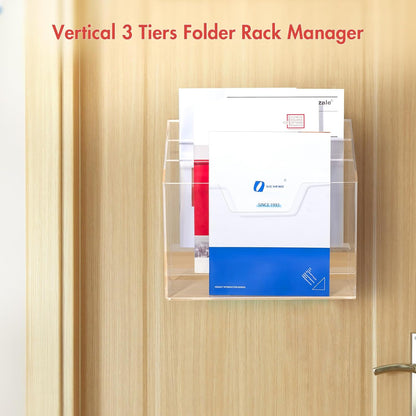 BEYGORM Acrylic File Folder Holder, 3 Tiers Clear Wall Hanging Magazine Rack, Desktop Large Vertical Tiered File Holder for Office and Home, Upright File Storage for Desk
