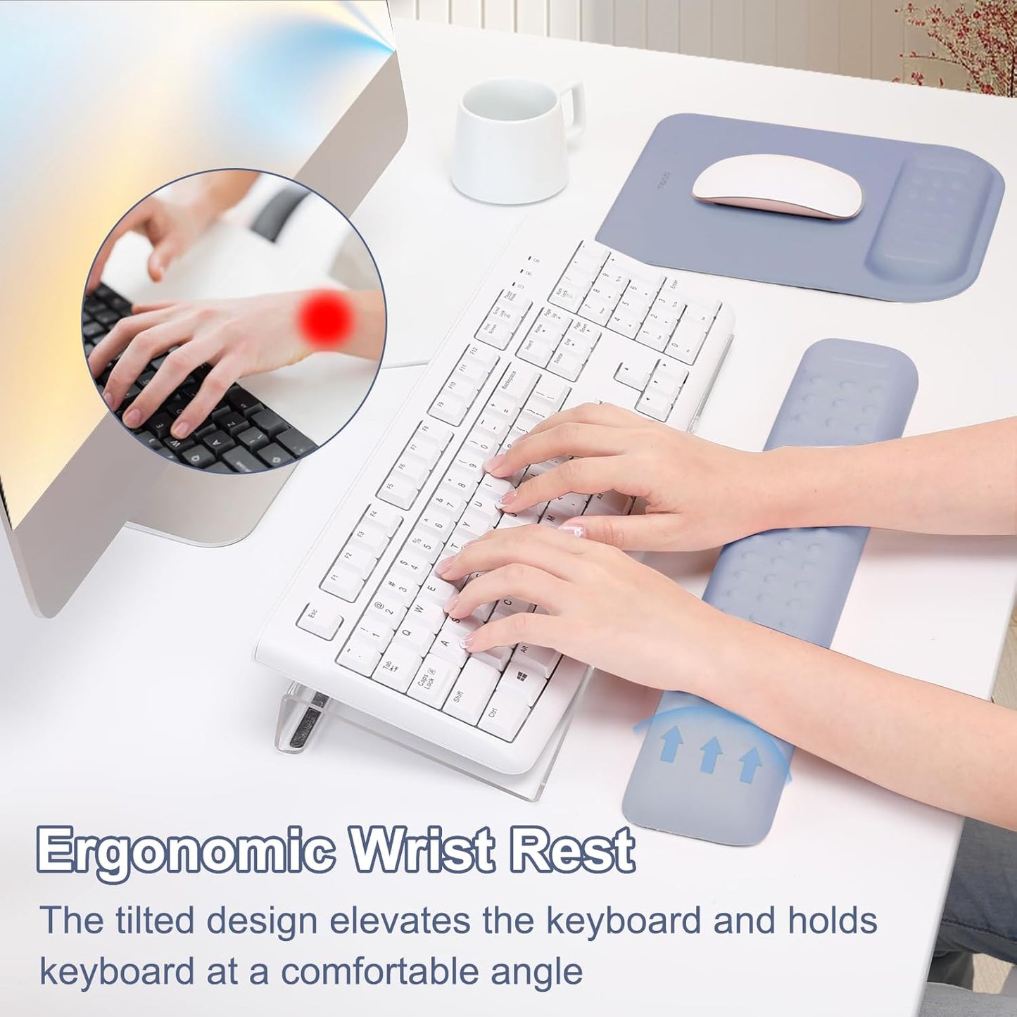 MOSISO Computer Keyboard Stand&Wrist Rest Support for Keyboard &Mouse Pad Set, Ergonomic Massage Wrist Rest Set, Easy Typing Working Acrylic Clear Stand for Office Home, Apricot
