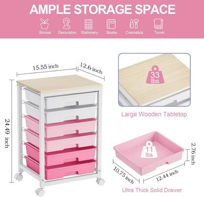 SYKIARIOL Rolling Storage Utility Cart with 6 Drawers and Wooden Tabletop for Under Desk Storage,White