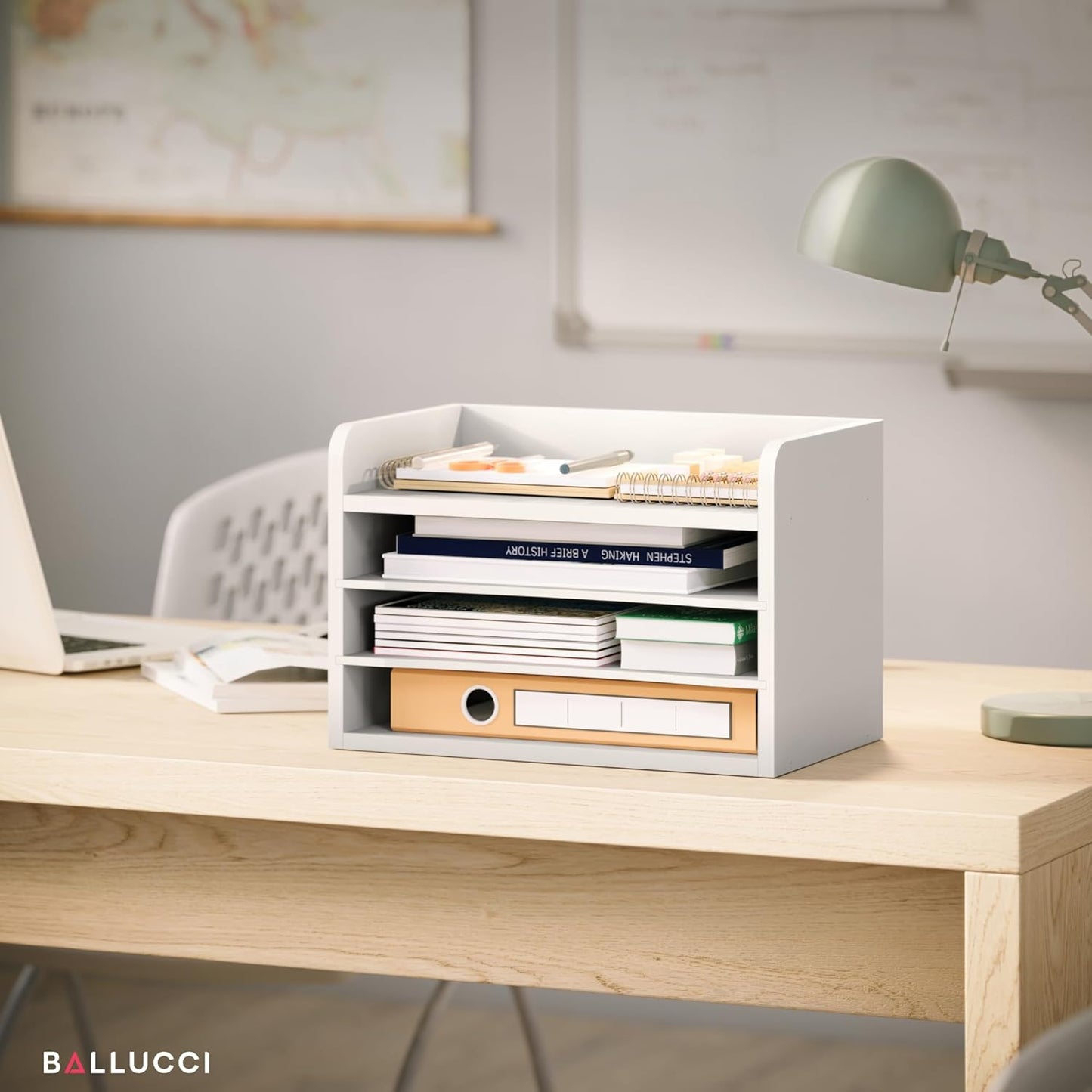 Ballucci 4-Tier Paper Organizer for Desk, Stackable Organizer Tray, Desk Storage Shelves, Stacking Letter Paper Tray Sorter for Classroom, Office, White