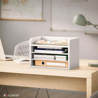 Ballucci 4-Tier Paper Organizer for Desk, Stackable Organizer Tray, Desk Storage Shelves, Stacking Letter Paper Tray Sorter for Classroom, Office, White