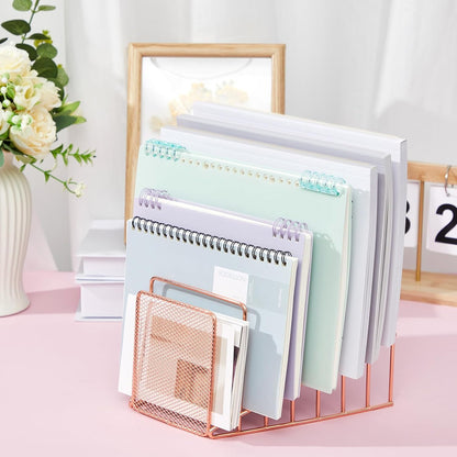 2 Pcs 7 Section Wire File Organizer for Desk, Metal Mesh Incline File Holder, Letter & Magazine Folder Rack, Desktop Paper Sorter for Home Office School (Golden)