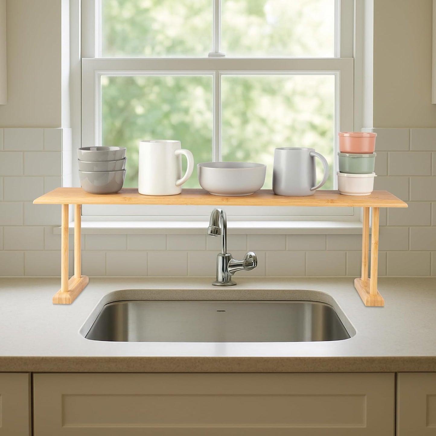 Bamboo Sink Shelf - Countertop Organizer Kitchen, Bathroom, Bedroom, Office - Space-Saving Storage for Soap, Sponges, and Cleaners by Lavish Home