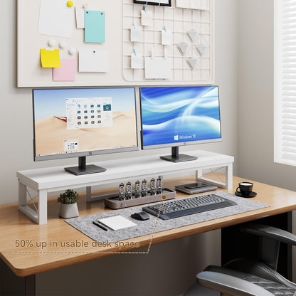 IBUYKE Large Dual Monitor Stand Riser for 2 Monitors, Wooden Desktop Computer Monitor Stand Storage Shelf and Steel Legs,Dual Screen Office Desk,Monitor Riser for Computer, Printer,Laptop,TV,Black UTDJ002B