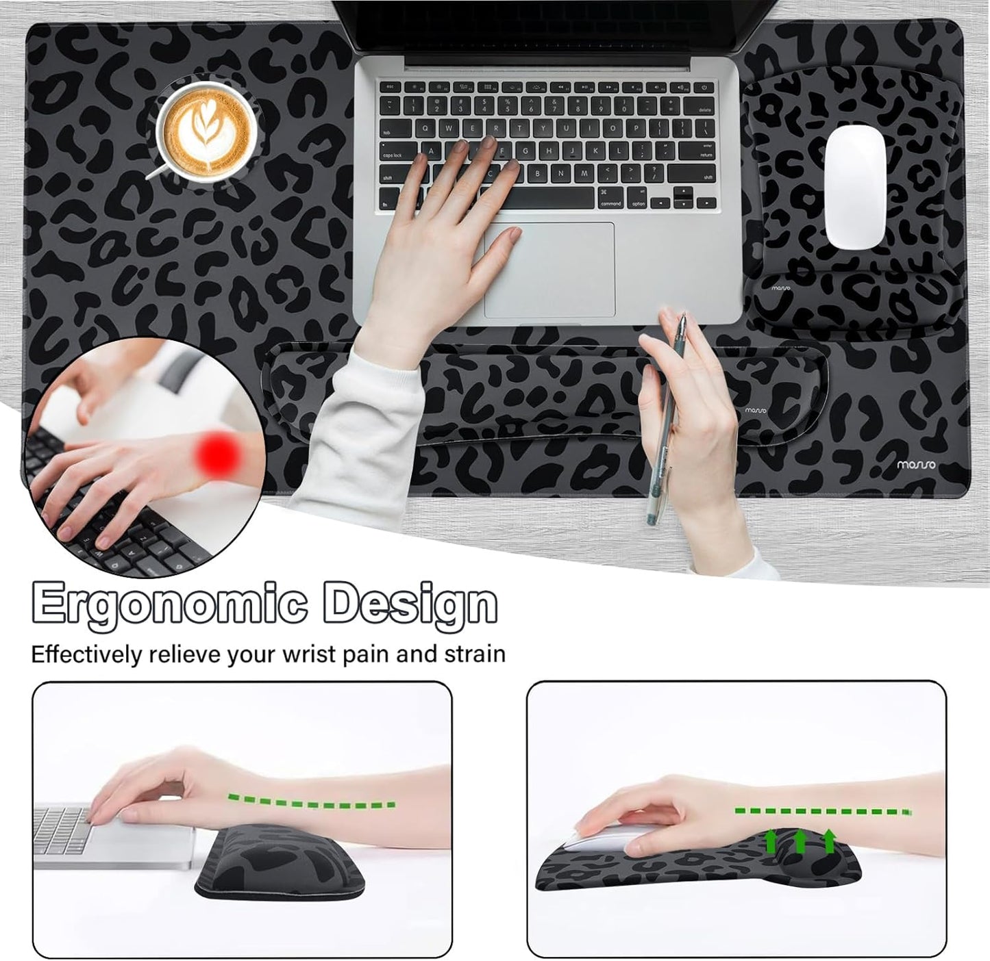 MOSISO Wrist Rest Support for Mouse Pad&Keyboard Set, Ergonomic Large Leopard Grain Desk Mat&Coaster Set, Non-Slip Mousepad&Pain Relief&Easy Typing Cushion with Memory Foam for Home Office, Black
