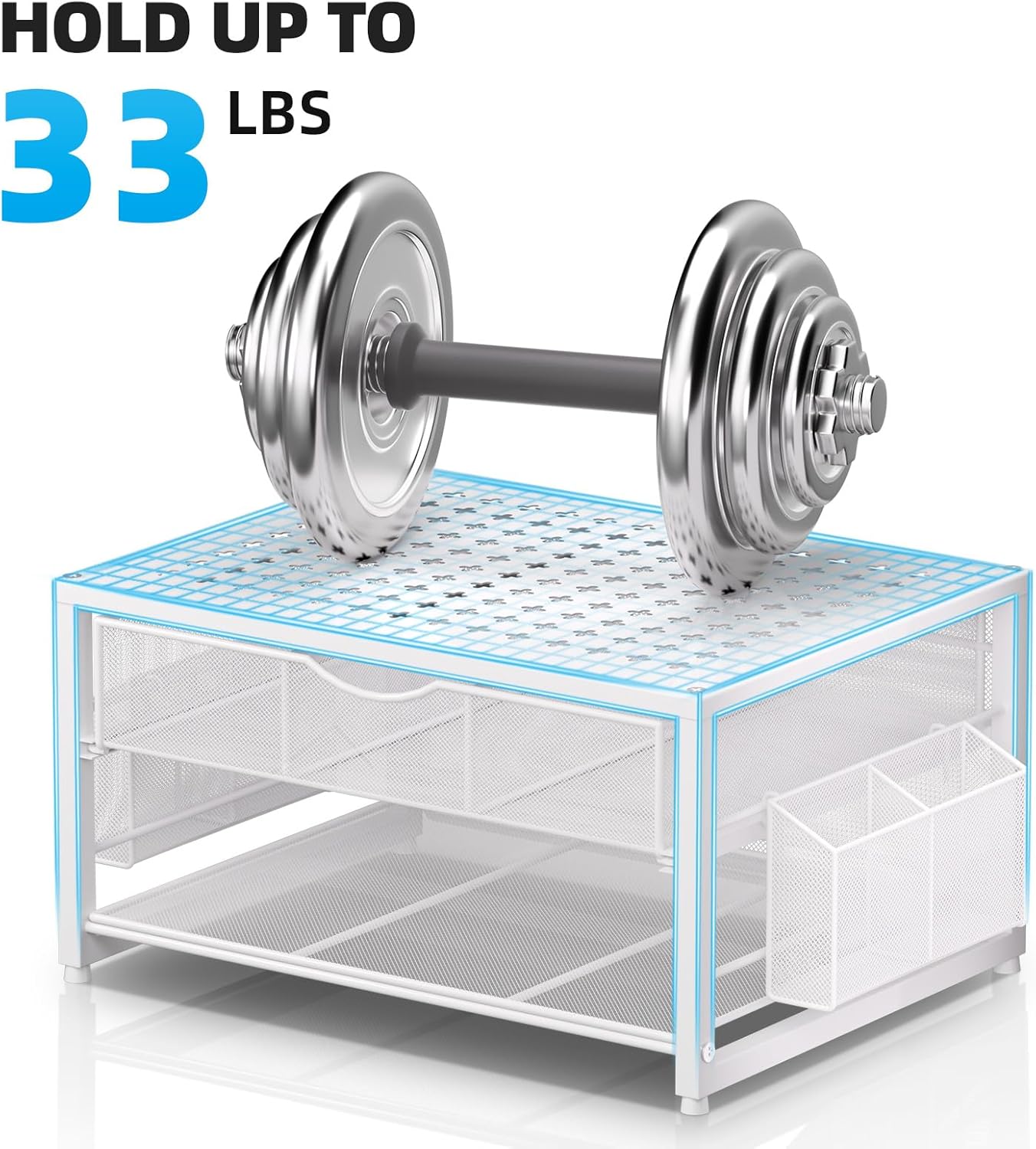 Marbrasse Metal Printer Stand for Desk with Storage Drawer and 2 Pen Holders, 2-Tier Desktop Organizer Printer Table for Home Office, Multi-Purpose Desk Organizer for Fax Machine Scanner Files(Black)