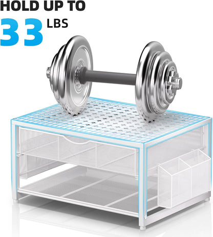 Marbrasse Metal Printer Stand for Desk with Storage Drawer and 2 Pen Holders, 2-Tier Desktop Organizer Printer Table for Home Office, Multi-Purpose Desk Organizer for Fax Machine Scanner Files(Black)