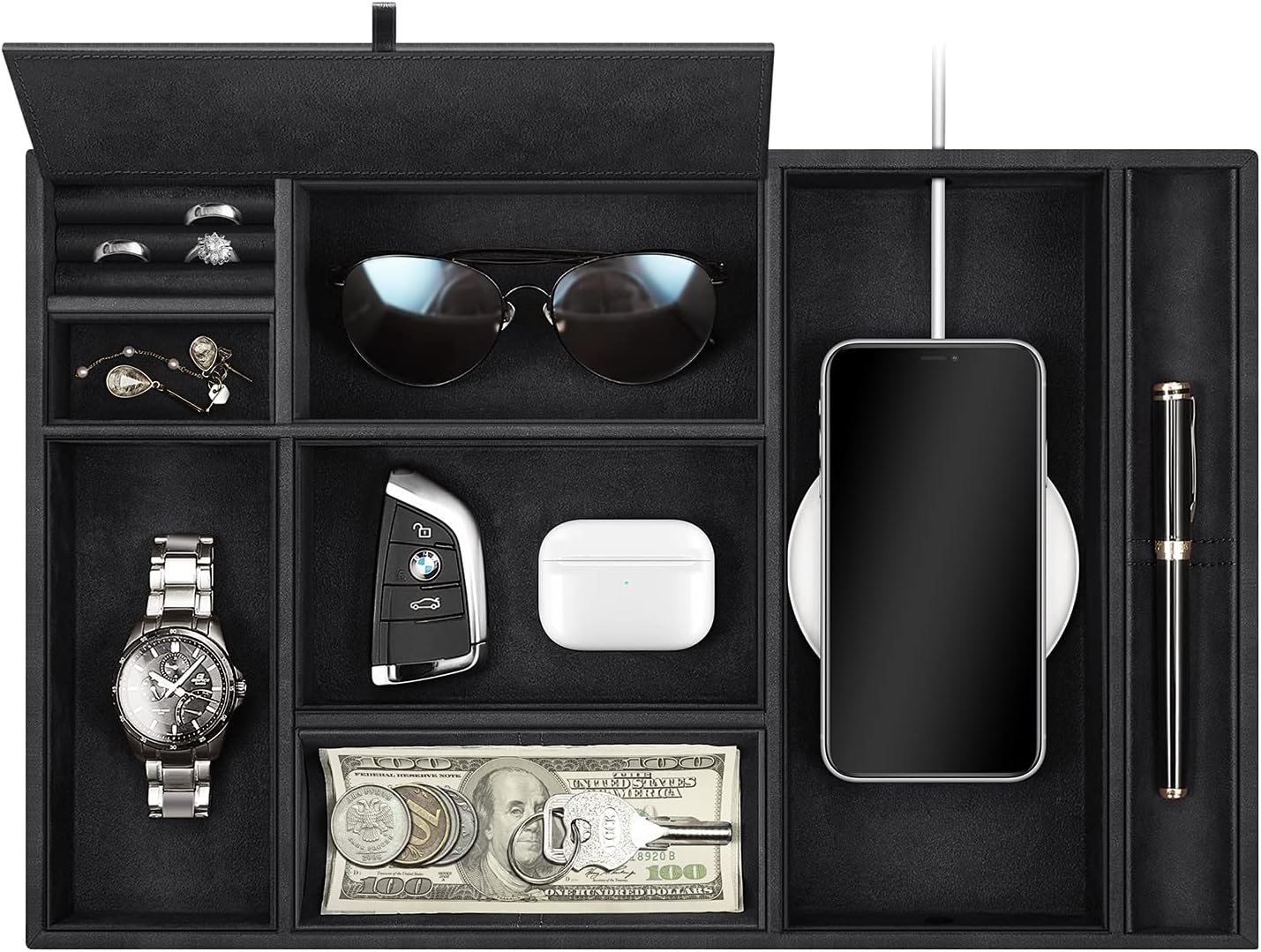 SITHON Valet Tray Desktop Organizer - 8 Compartments Catchall EDC Tray PU Leather Bedside Vanity Nightstand Caddy Coin Box Key Jewelry Storage Organizer, Black