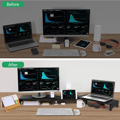 Nnewvante Monitor Stand Riser, 60 inch Large Bamboo Dual Monitor Stand for Desk, 3 Shelves Desktop Screen Riser with Adjustable Length Angle for Computer Laptop PC