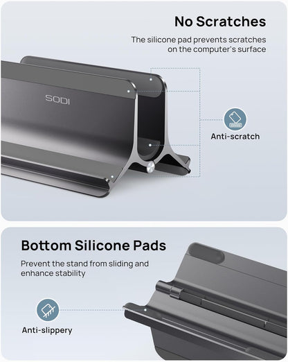 SODI Vertical Laptop Stand for Desk, Gravity Auto Lock MacBook Stand, Aluminum Laptop Holder Vertical Compatible with MacBook Pro, Air, Tablet, Space-Saving Organize Work & Home Office, Gray