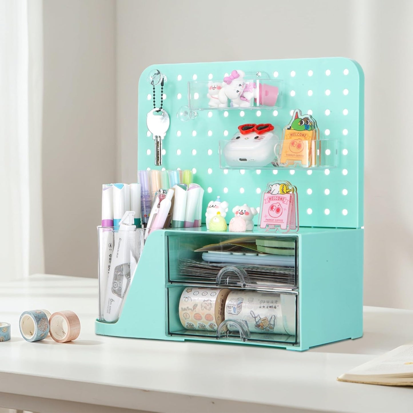 Comix 360° Rotating Pen Holder for Desk, Cute Pencil Holder Pen Organizer, Beige Acrylic Pencil Cup Caddy with 5 Slots for Home School Office Supplies
