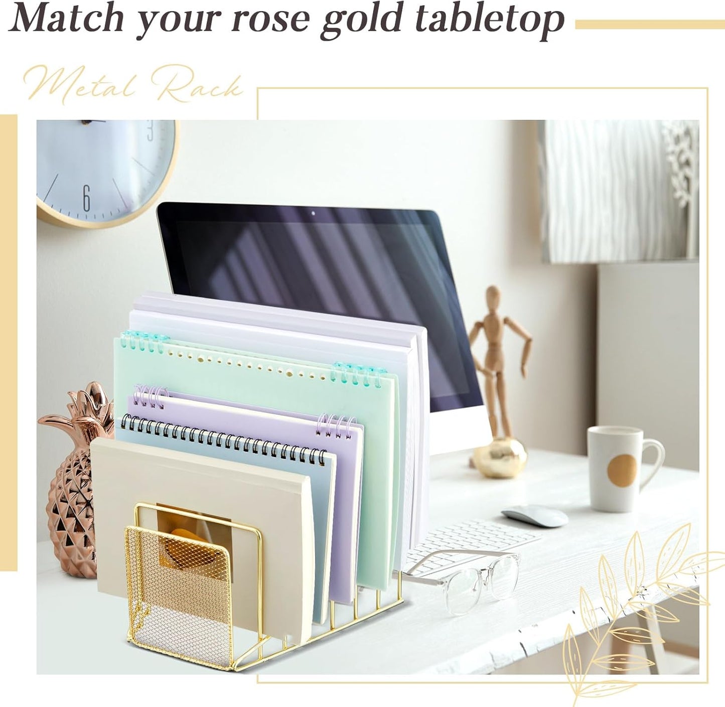 2 Pcs 7 Section Wire File Organizer for Desk, Metal Mesh Incline File Holder, Letter & Magazine Folder Rack, Desktop Paper Sorter for Home Office School (Golden)