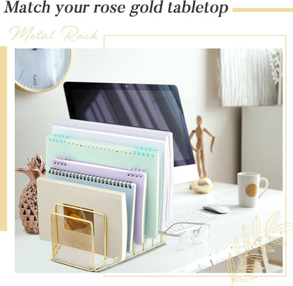 2 Pcs 7 Section Wire File Organizer for Desk, Metal Mesh Incline File Holder, Letter & Magazine Folder Rack, Desktop Paper Sorter for Home Office School (Golden)