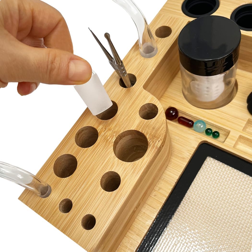 Bamboo Desk Organizer,Carving Tool Organizer with Non-sticky Mat and Silicone Container (21 x 16 x 4.5cm)