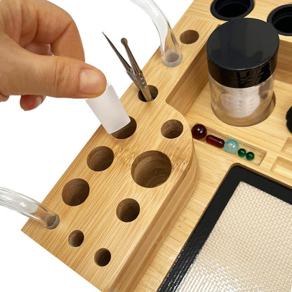 Bamboo Desk Organizer,Carving Tool Organizer with Non-sticky Mat and Silicone Container (21 x 16 x 4.5cm)