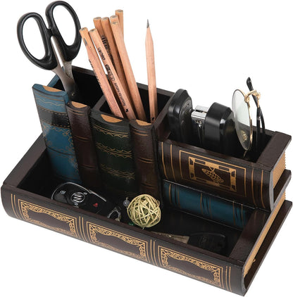 VERGOODR Decorative Pencil and Pen Holder with Storage Drawer, Wooden Desk Organizer Caddy, Antique Library Books Design Pen Cup for Office Supplies, Countertop, Desk,Table (Reddish brown)
