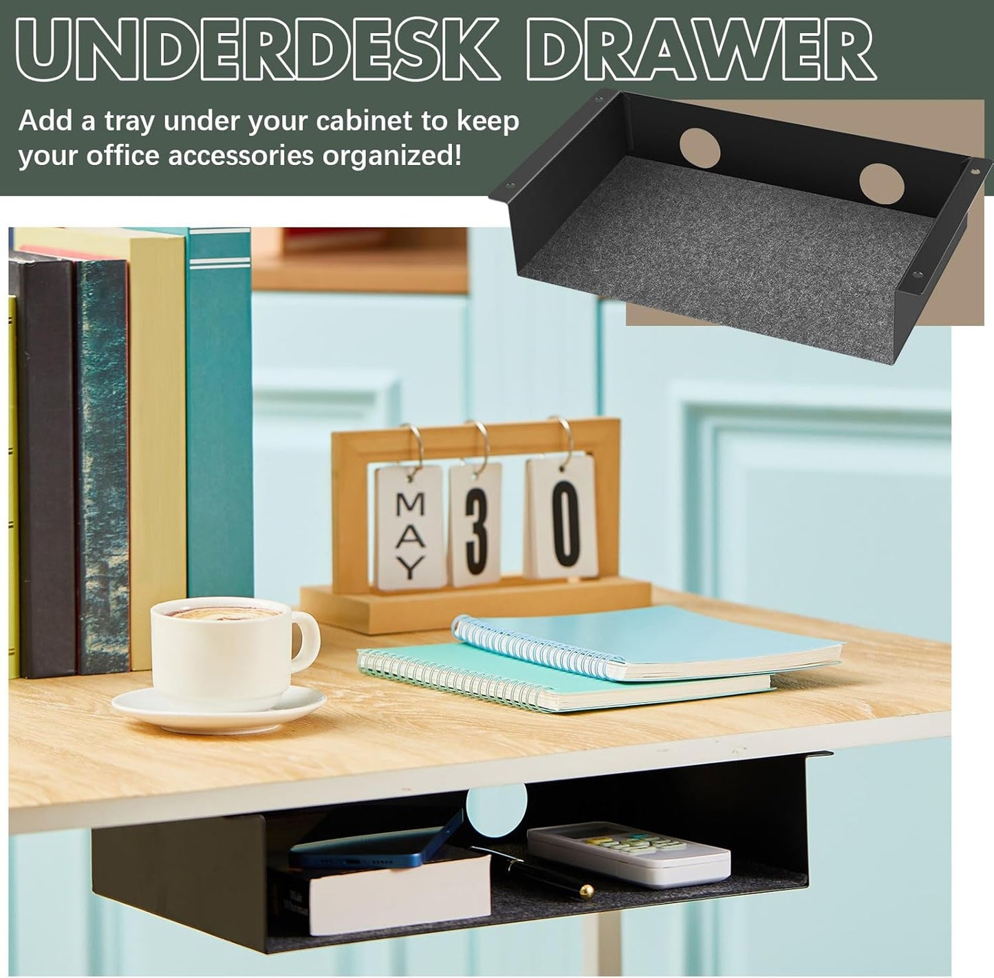 Yaocom 2 Pack Under Desk Hanging Shelf, Carbon Steel Storage Tray with Mute Felt Sheets, Mount Shelves Organizer for Office Home Workstation Gaming Desk Stand up(13x8x2.8 in/Storage Shelf,Black)