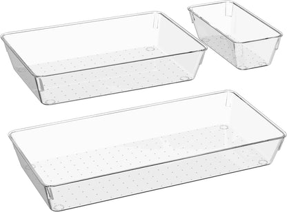 Kutesna 3 Pcs Large Clear Drawer Organizer Set, 15" X 6" Desk Drawer Organizers Trays with Non-Slip Silicone Pads, Storage Bins for Makeup, Office, Kitchen Gadgets Utensils, Bedroom, Tools, Bathroom