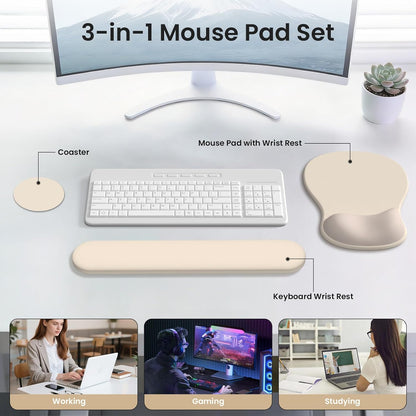 AKIT Ergonomic Mouse Pad and Keyboard Wrist Rest Set, Gel Memory Foam Wrist Rest with Non-Slip Base, 3-in-1 Mousepad Set for Pain Relief, Desk Accessories for Gaming, Home, Office(Black)