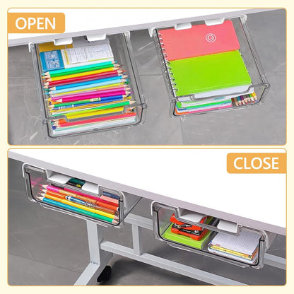 Under Desk Storage Drawers Self-Adhesive Easy Hidden Desktop Organizer, Attachable Clear Acrylic Storage Tray Under Table Drawer for Home Office School Counters Workstation, 2 Pack