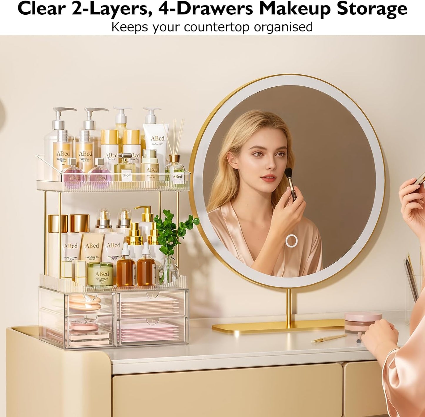 SNSLXH Makeup Organizer Bathroom Storage- 4 Tier 4 Drawer Makeup Storage, Transparent Clear Cosmetics Organiser, Ideal for Cosmetic Perfume Skincare, for Countertop, Bathroom, Office Supplies, Dresser
