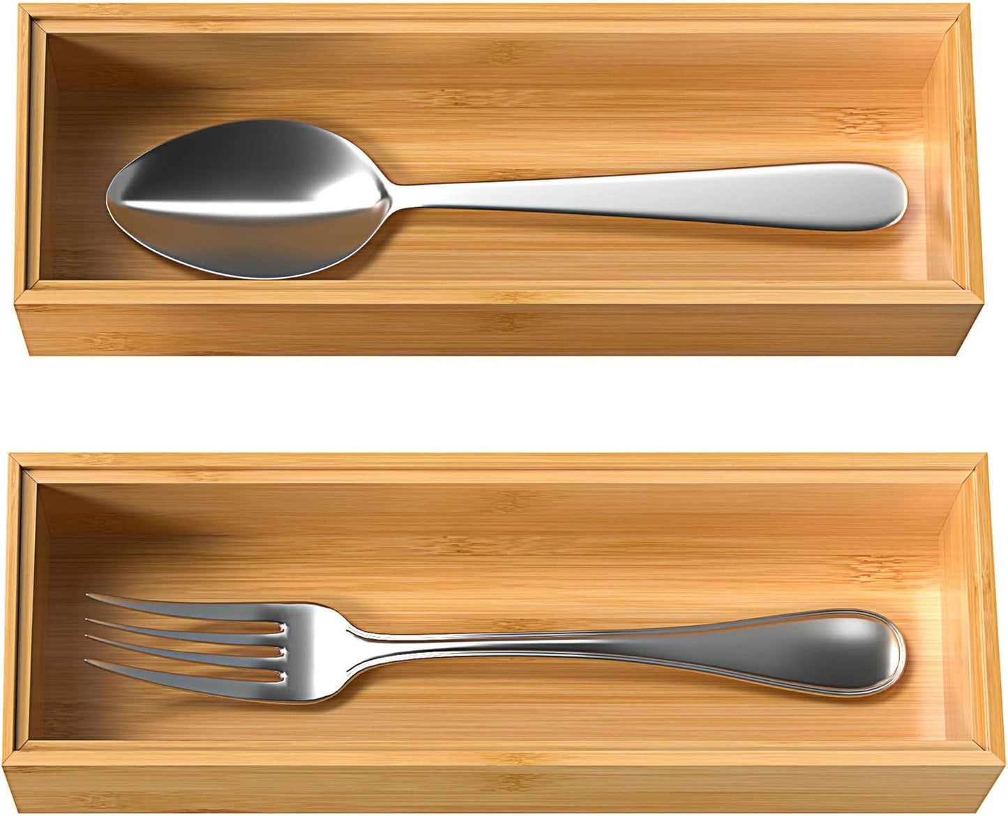 VeyFey Bamboo Drawer Organizer, Stackable Utensil Organizer for Kitchen, Bamboo Storage Box Wood Silverware Tray for Drawer 15" x 6" x 2" Set of 2