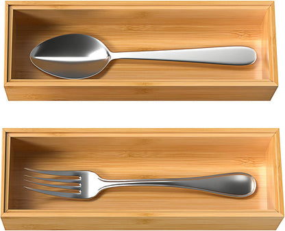 VeyFey Bamboo Drawer Organizer, Stackable Utensil Organizer for Kitchen, Bamboo Storage Box Wood Silverware Tray for Drawer 15" x 6" x 2" Set of 2