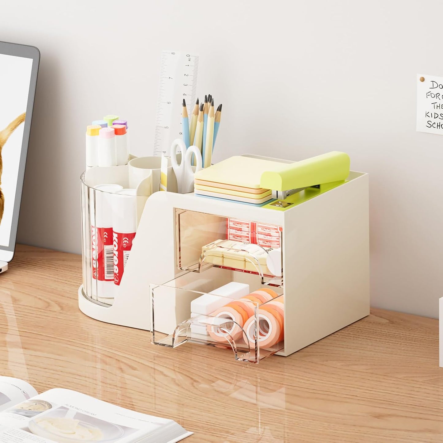 Marbrasse Desk Organizer with 2 Drawer, 360°Rotating Pen Holder, Desk Organizers and Accessories with 6 Slots Pencil Organizer + 2 Drawer, Art Supply Storage Box Caddy for Office (White)