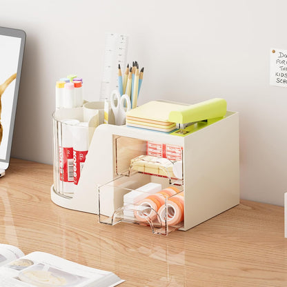 Marbrasse Desk Organizer with 2 Drawer, 360°Rotating Pen Holder, Desk Organizers and Accessories with 6 Slots Pencil Organizer + 2 Drawer, Art Supply Storage Box Caddy for Office (White)