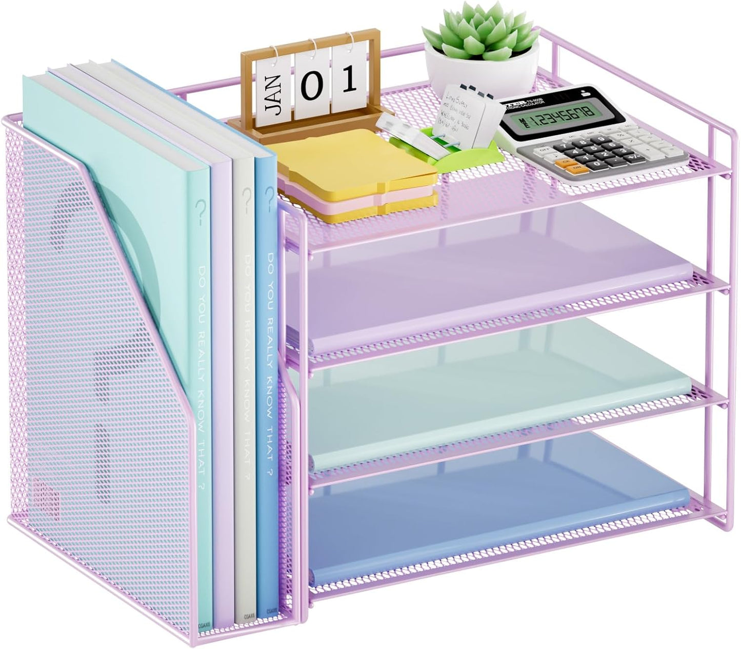 Marbrasse Desk Organizer and Accessories，4-Tier Paper Letter Tray Organizer with File Holder，Desk Accessories & Workspace Desktop Organizers for School Home Office Supplies (Blue)