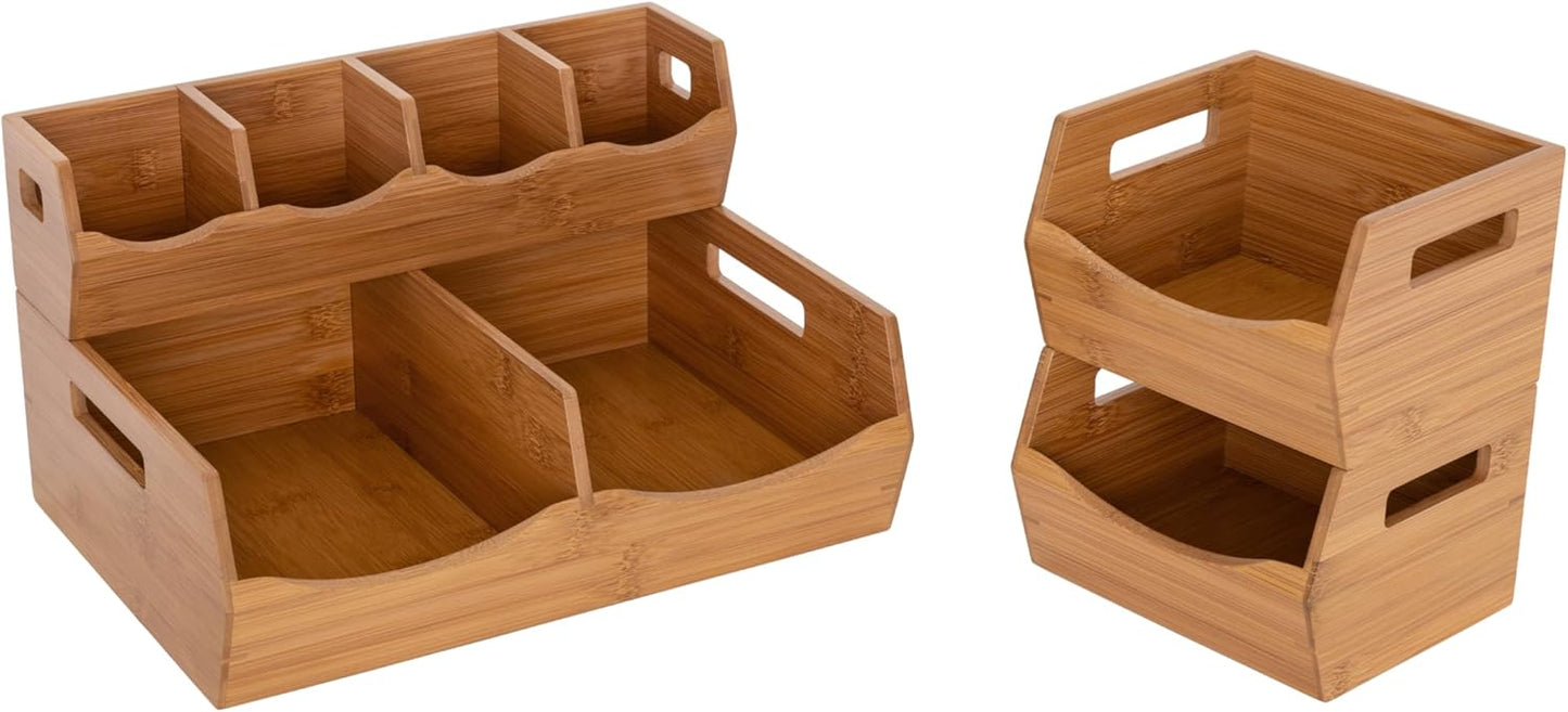 Seville Classics Bamboo Premium Organizer Storage Bins for Kitchen Silverware, Pantry, Closet, Office Desk, Pens, Utensils, Makeup, K Cup, Bamboo, Bag Holder Bin Set (4 Piece)