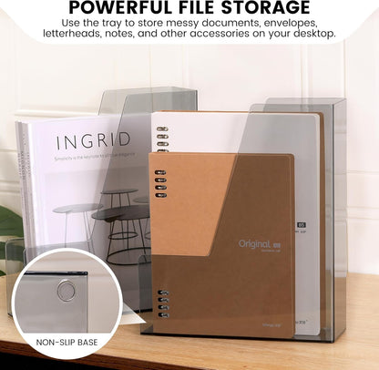 CiWiVOKi Vertical File Holder, Clear PET Desk Organizer and Storage Bins Holding for Magazines, Binders, Notebooks, Envelopes, Multi-purpose Plastic Document Organizer for Home Office, 4 pack