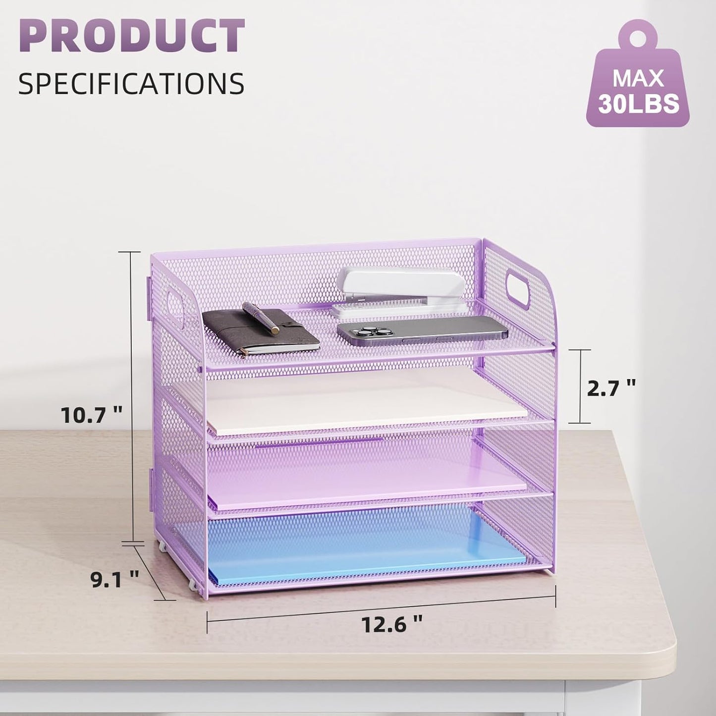 Marbrasse 4 Tier Paper Organizer Letter Tray - Mesh Desk File Organizer with Handle, Paper Sorter Organizer for Letter/A4 Office File Folder Holder (Black, 12.6" x 9.1" x 10.7")
