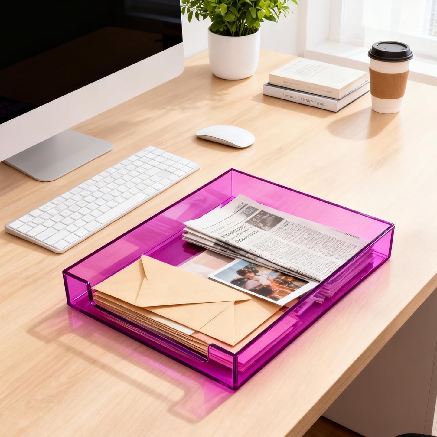 Paper Tray Acrylic File Organizer for Desk Letter Tray Desk Organizer Document Holder Sorter Storage for A4 Office Supplies Magazines, 13.8x10.6x2.4 Inches, Neon Pink