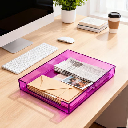 Paper Tray Acrylic File Organizer for Desk Letter Tray Desk Organizer Document Holder Sorter Storage for A4 Office Supplies Magazines, 13.8x10.6x2.4 Inches, Neon Pink