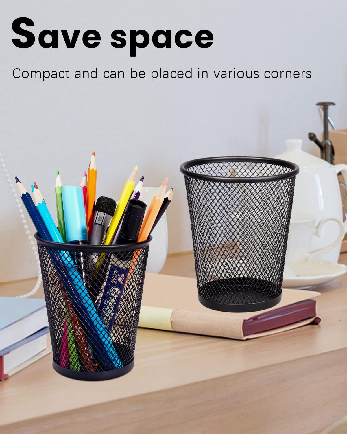 QYH Mesh Pencil Holder Metal Pen Cup Black for Desk 6 Packs, Office Caddy Storage