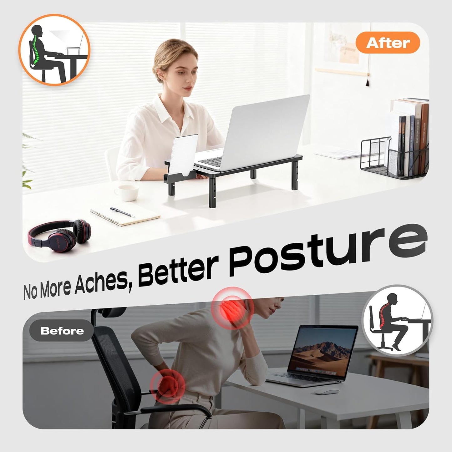 Computer Monitor Stand Riser for Desk, 3 Height Adjustable PC Laptop TV Desktop Monitor Stand Shelf, Metal Printer Table with Phone Holder, Stand Riser for Desk, Office Desk Organizers and Accessories, 2 Pack