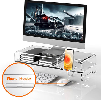 BEYGORM Acrylic Monitor Stand for Full Keyboard, 20" Wide 2-Tier Riser with Storage Shelf and Phone Holder, Desktop Organizer for Laptop, Printer, Screen (Clear)