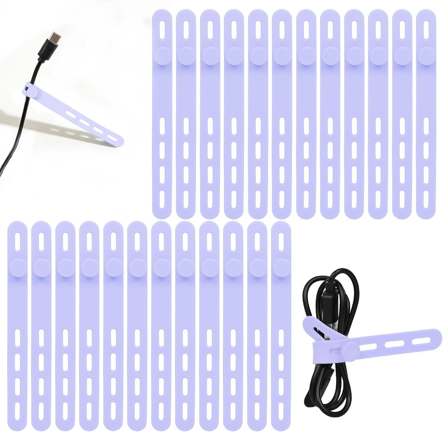 Donruby 24Pcs Silicone Cable Ties - Reusable & Washable with Locking Buckles, Adjustable Fastening Cable Management Straps, Multi-Purpose High Elasticity Cord Organizer (Purple)