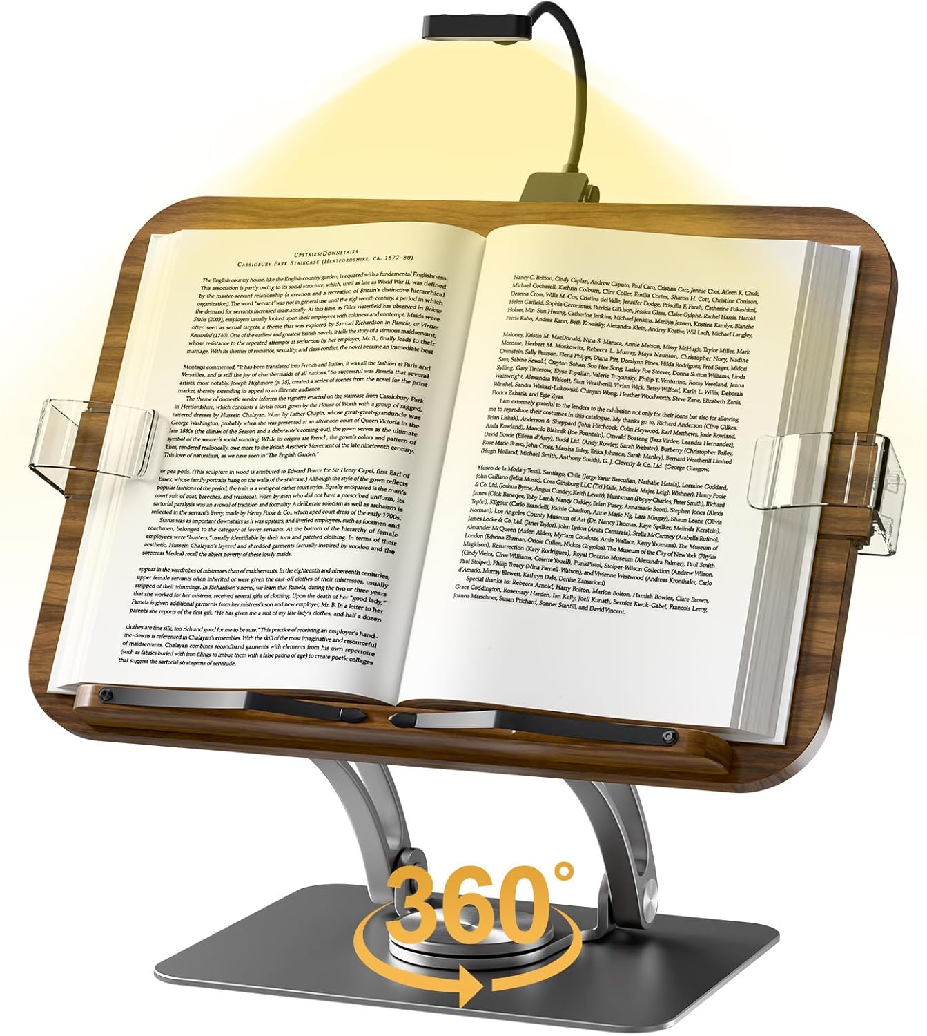 Book Stands for Reading,Adjustable Book Holder with 360° Rotating Metal Base,Foldable Cookbook Stand, Reading Hands Free with ABS Expandable Page Clips for Recipe,Textbook,Laptop