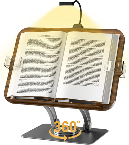 Book Stands for Reading,Adjustable Book Holder with 360° Rotating Metal Base,Foldable Cookbook Stand, Reading Hands Free with ABS Expandable Page Clips for Recipe,Textbook,Laptop