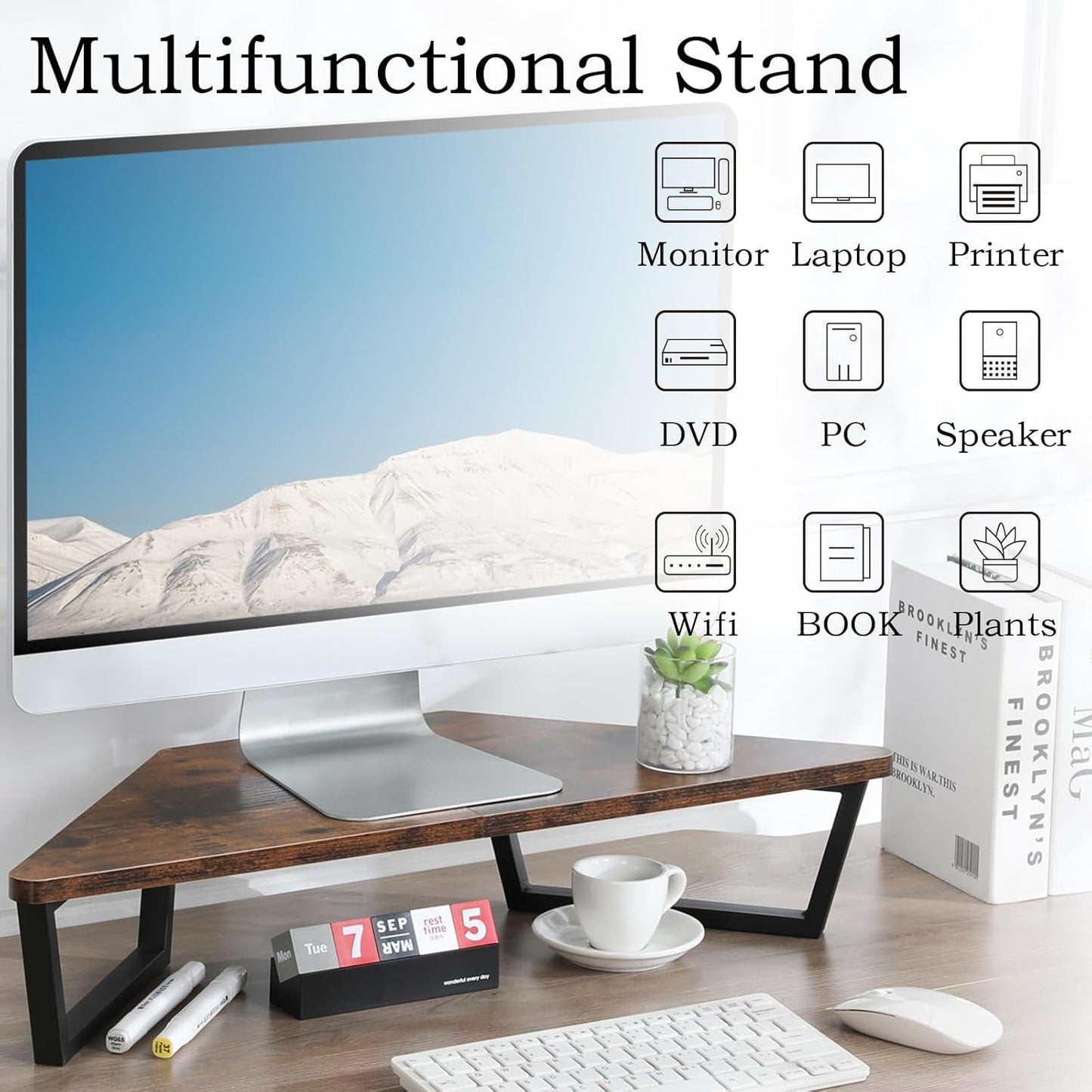 TEAMIX 26 inch Triangle Monitor Stand Riser, Desktop Corner Shelf with Metal Leg Wood Computer Stand with Storage Laptop Riser Office Organization