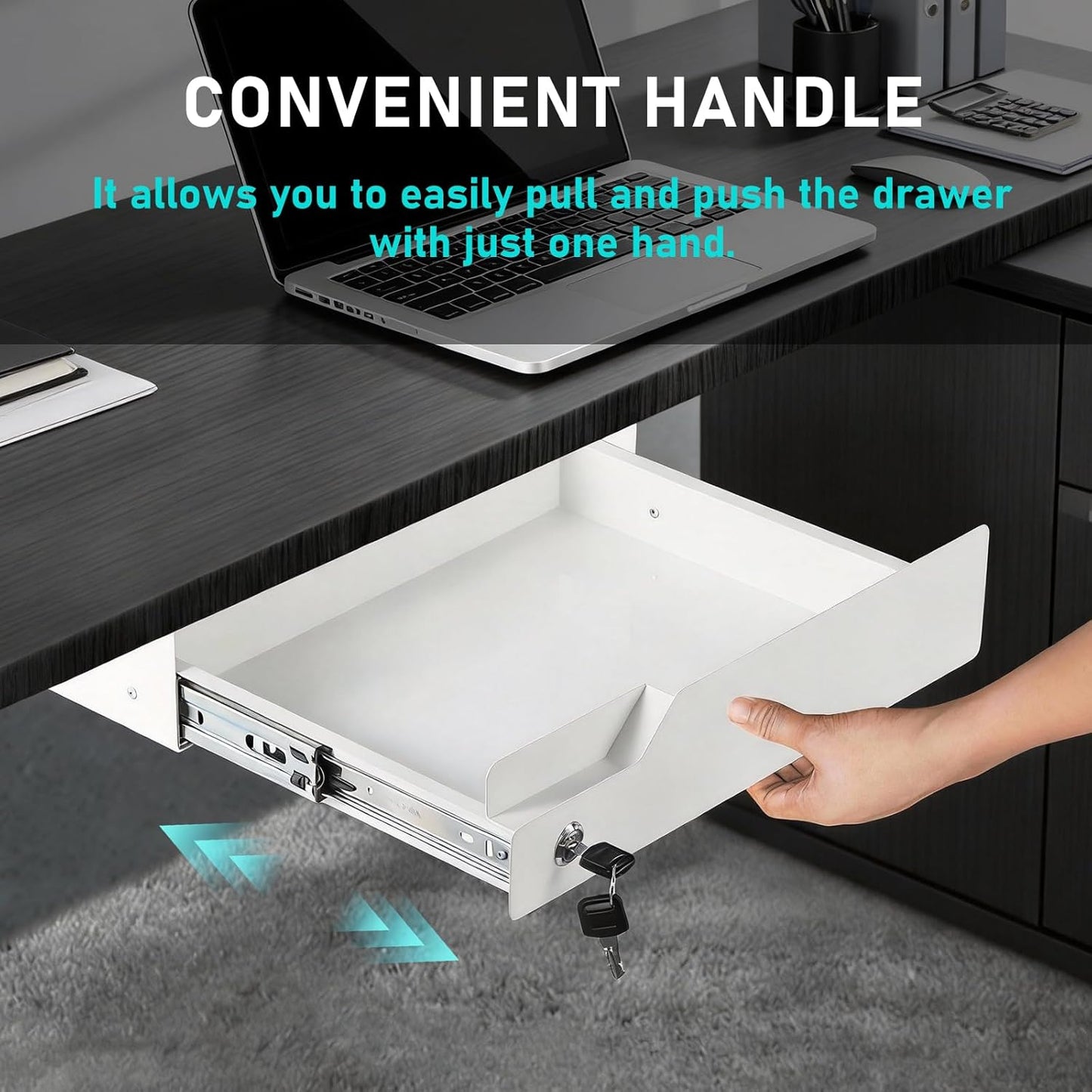 Under Desk Drawer Storage with Lock, Metal Undermount Table Drawer, Ball Bearing Slides Out Tray Organizer for Paper, Pencil, and Laptop 16"x11.8"x3.6", White
