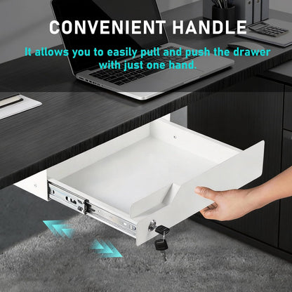 Under Desk Drawer Storage with Lock, Metal Undermount Table Drawer, Ball Bearing Slides Out Tray Organizer for Paper, Pencil, and Laptop 16"x11.8"x3.6", White