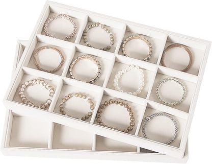 Coward Stackable Jewelry Trays Organizer Set with Clear Lid, Trays for Drawer, Earring Necklace Bracelet Ring Display Organizer (beige(ring+12girds+30girds+The glass lid))