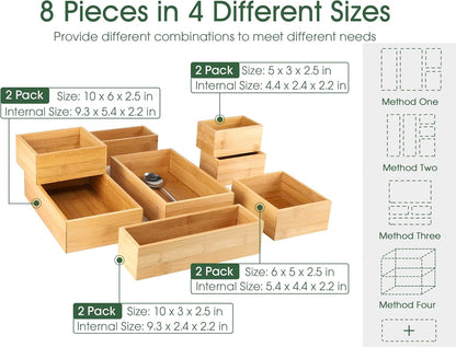 Kootek 6 Pcs Bamboo Drawer Organizer Utensil Tray Kitchen Storage Box 3-Size Versatile Dividers Cutlery Holders Bins Containers for Flatware Kitchen Utensils